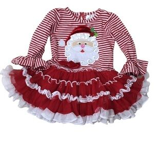 RARE EDITIONS Santa Dress Ruffle Tutu Stripe Christmas Holiday Appliqué Size 18M